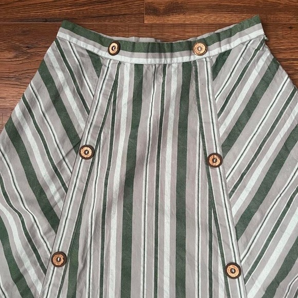 Green Striped 100% Cotton Midi Skirt Wood Buttons Women Large Boho Fairy Cottage - Picture 2 of 8